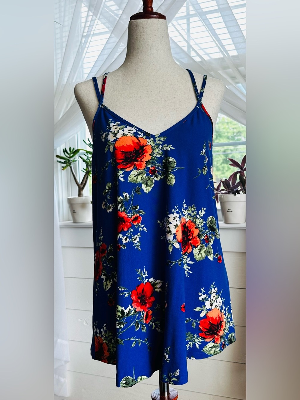 PAPERMOON Basima Back Detail Knit Top Blue Floral Strappy Tank Cami Boho Style
